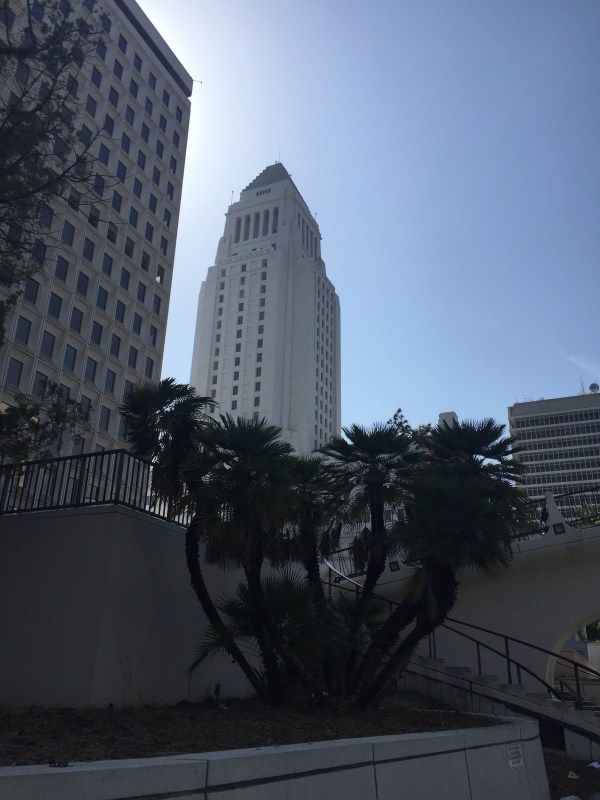 View of the Los Angeles City Hall from Los Angeles Street